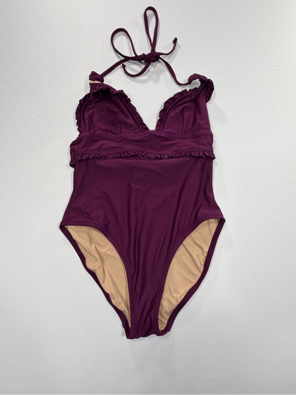 J.Crew One Piece Swimsuit Purple Ruffle Womens Size 6 Halter Beach Boho Deep V